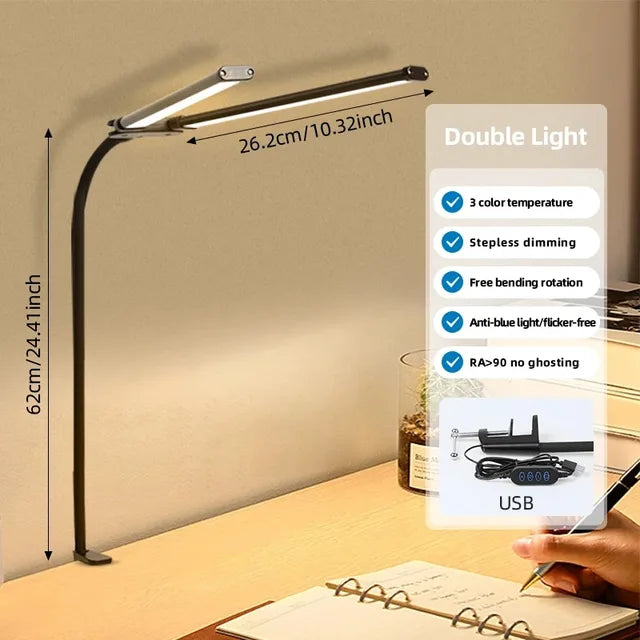 USB Double  LED Desk Lamp Dimmable Eye Protection. 3 Color Mode For Office